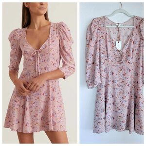 NWT LoveShackFancy Juree Floral Silk 3/4 Sleeve VNeck Mini Dress Pink Dust Storm